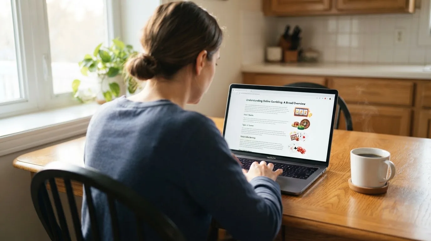 Person am Laptop liest eine Übersichtsseite zu Glücksspielen im Internet — casino online mit bonus ohne einzahlung