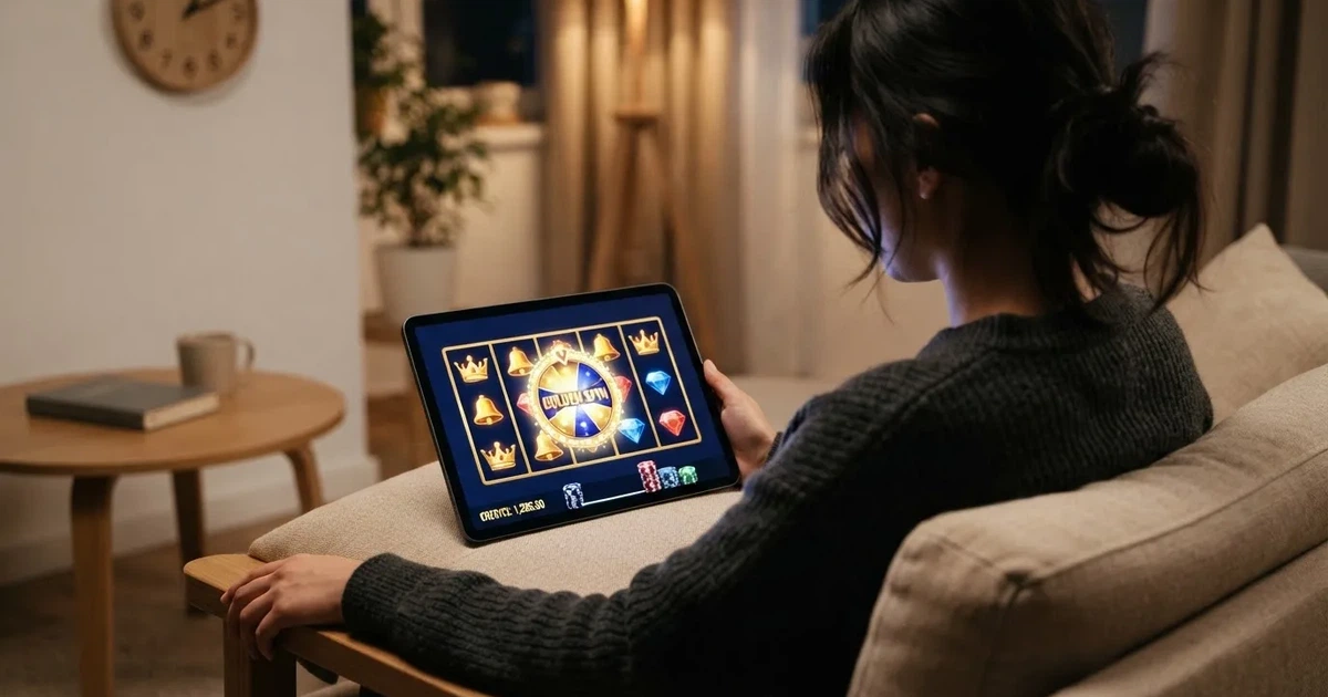 Person am Sofa schaut nachdenklich auf ein Tablet, im Hintergrund eine Uhr — casino online mit bonus ohne einzahlung