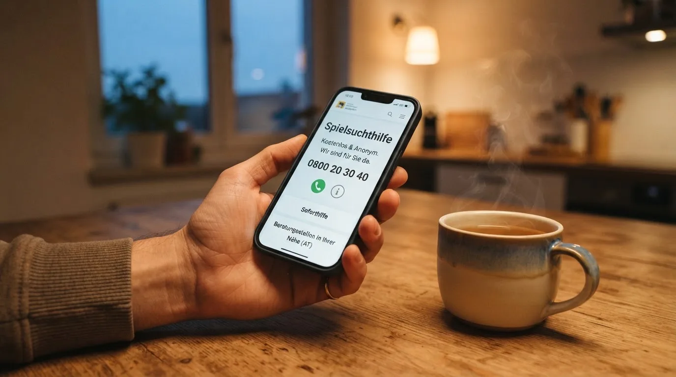 Hand hält ein Smartphone, daneben eine Tasse Tee, ruhige Abendstimmung am Küchentisch — freie 90 tage qualifikationszeitraum casino