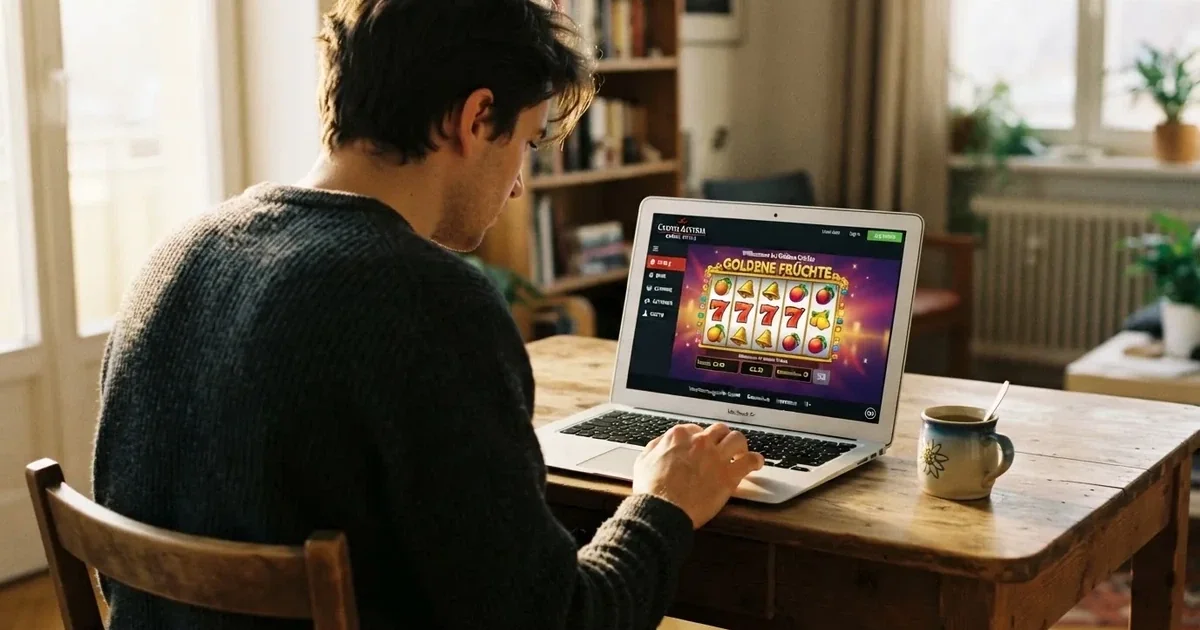 Person am Laptop liest eine Übersichtsseite zu Glücksspielen im Internet — freie 90 tage qualifikationszeitraum casino