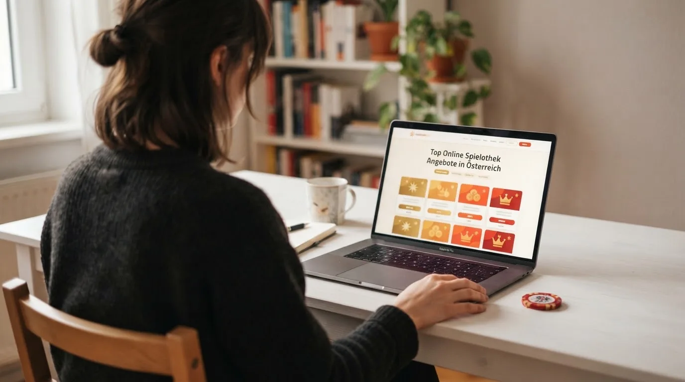 Person am Laptop liest eine Übersichtsseite zu Glücksspielen im Internet — handy casino echtgeld bonus ohne einzahlung