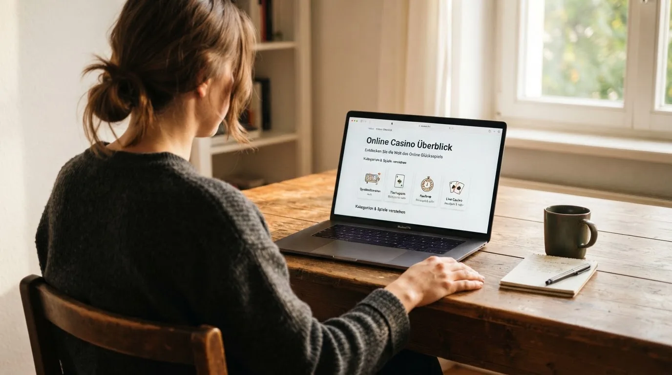 Person am Laptop liest eine Übersichtsseite zu Glücksspielen im Internet — online casino mit autoplay
