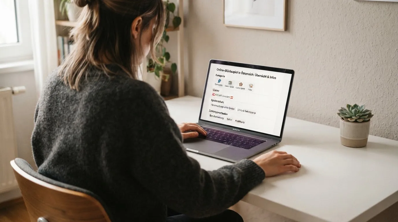 Person am Laptop liest eine Übersichtsseite zu Glücksspielen im Internet — online casino ohne auszahlungslimit