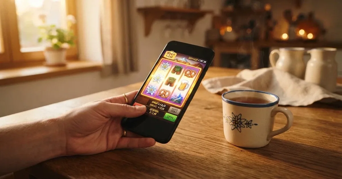 Hand hält ein Smartphone, daneben eine Tasse Tee, ruhige Abendstimmung am Küchentisch — online casino ohne auszahlungslimit