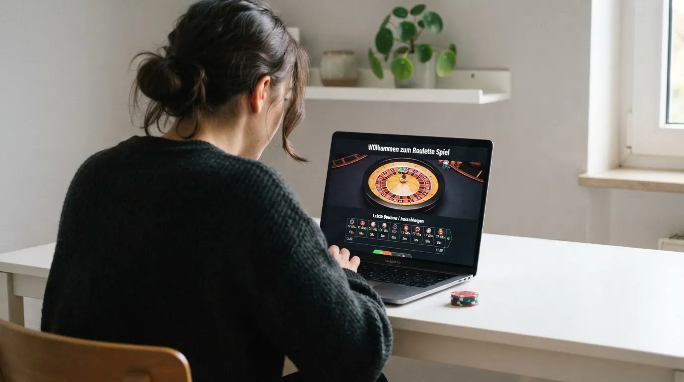 Person am Laptop liest eine Übersichtsseite zu Glücksspielen im Internet — online casino schnelle auszahlung