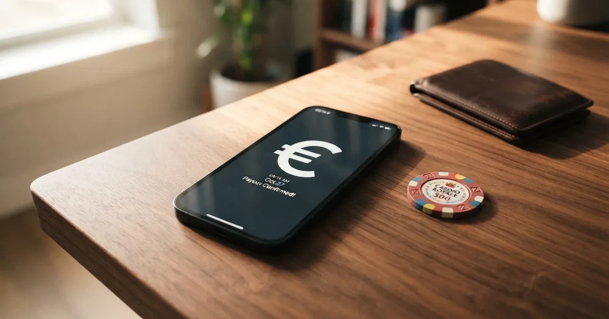 Kartenterminal und Smartphone auf einem Holztisch neben einer Geldbörse — online casino schnelle auszahlung